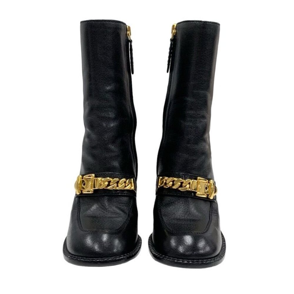 Gucci Boots Short Boots Shoes Leather Black Gold Chain Belt - Picture 2 of 10
